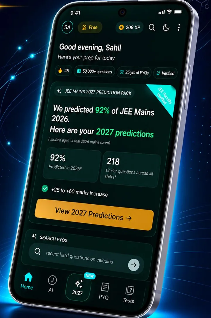 JEE JEEnius home screen showing the streak, XP and the JEE Mains 2027 prediction pack.