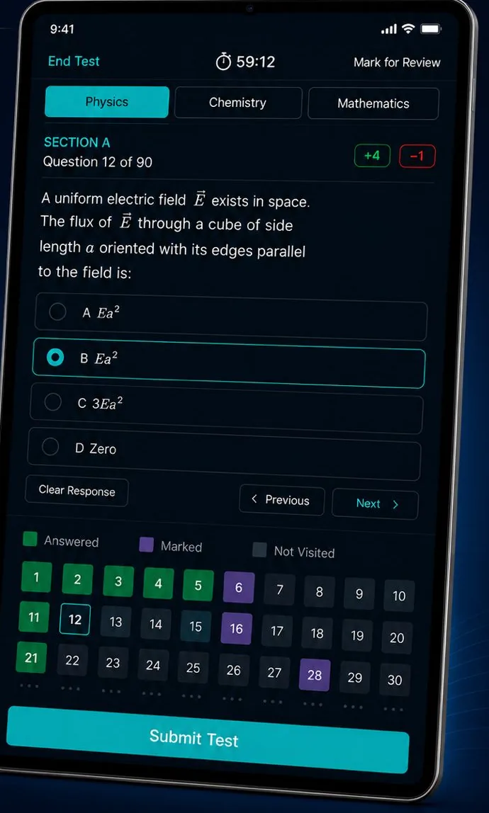 A full-length mock test in an NTA-style interface with a question palette and timer.
