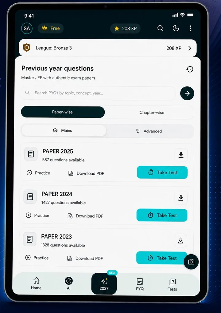 Previous year questions browser listing JEE papers by year with question counts.